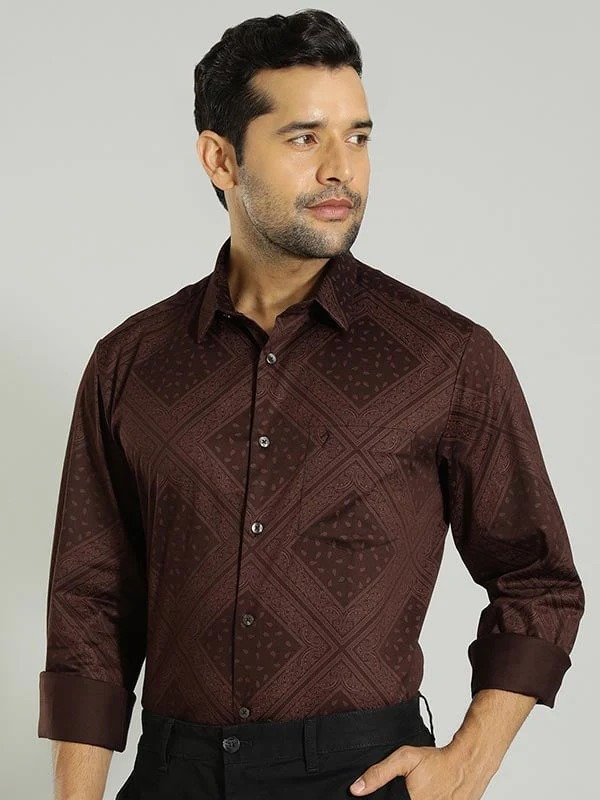Indian Terrain Men's Slim Fit Full Sleeve All Over Print Brown Shirt